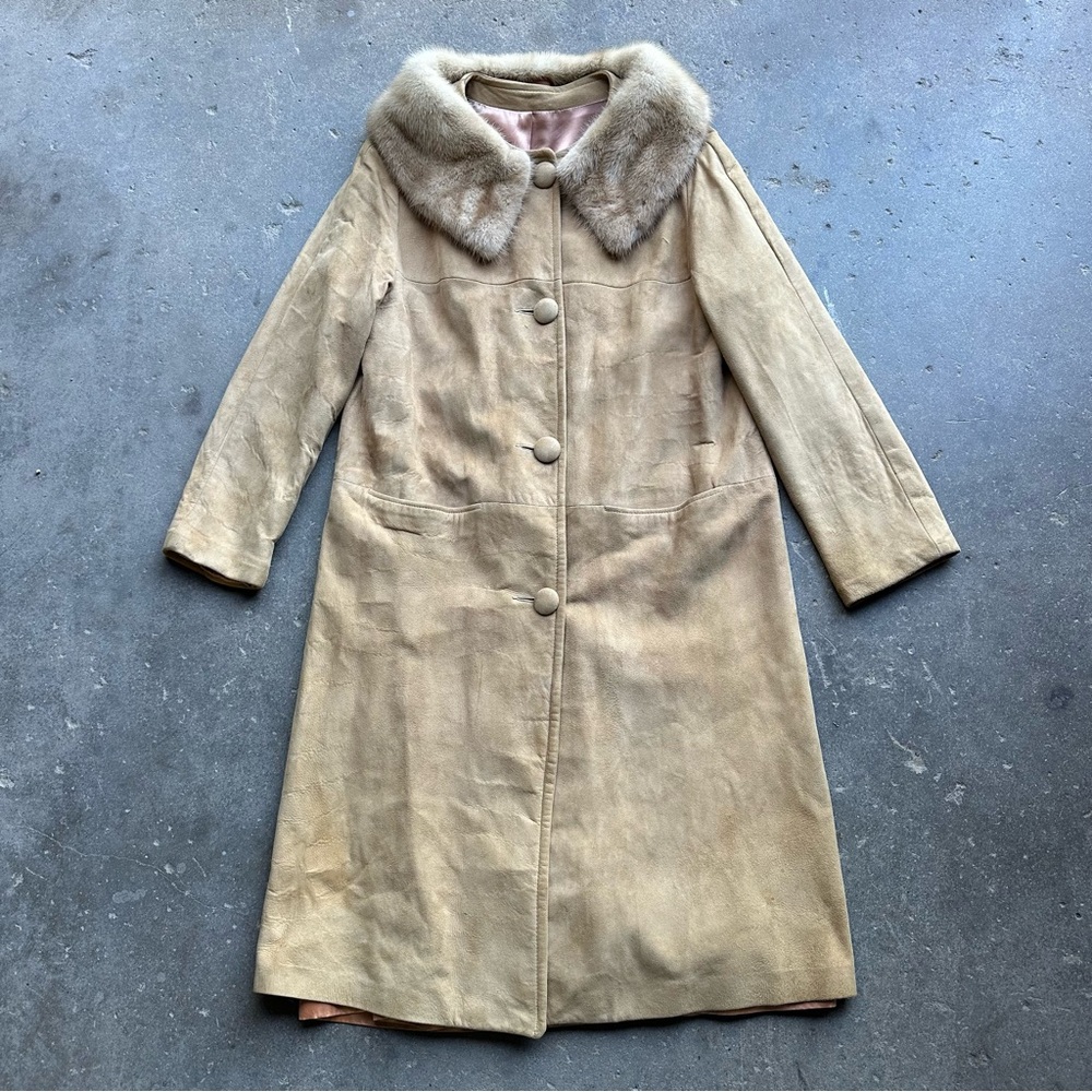Vintage 1960s Suede Leather Coat Real Fur Collar Mid Century Style S